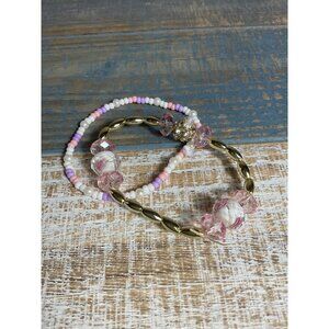 2 Handmade Pink & White Beaded Bracelet Set For Girls